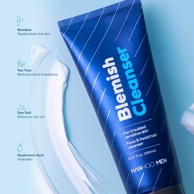 Hanhoo Men's Facial Care Kit, Blemish Cleanser 5.07 Fl. Oz., Blemish Moisturizer 2.02 Fl. Oz., Blemish Patch 36 Ct, with Bamboo, Hyaluronic Acid, and Green Tea, Men's Acne Skin Care Kit, Acne Regimen