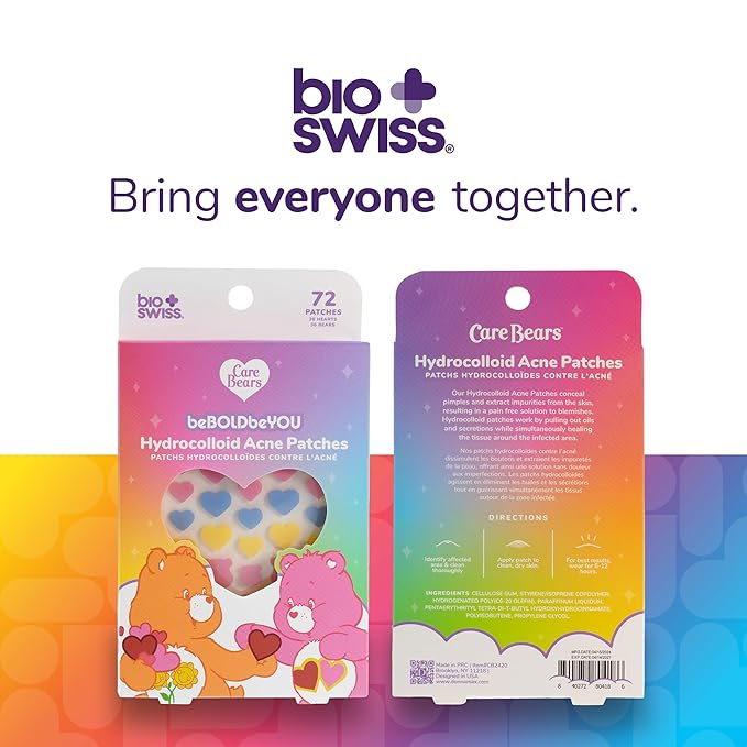 BioSwiss Pimple Patches, Care Bears Heart and Bear Shaped Acne Patch for Zits and Blemishes, Hydrocolloid Spot Stickers for Face and Skin, 72 Count