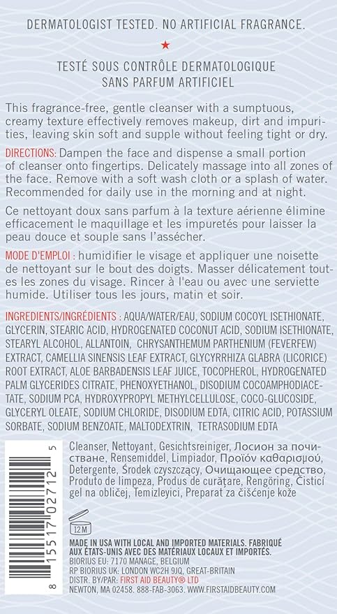 First Aid Beauty - Pure Skin Face Cleanser, Effectively Removes Makeup, Dirt, and Impurities, Gentle Cleanser Leaves Skin Soft & Supple, Safe for Sensitive Skin, Fragrance Free, 2 oz