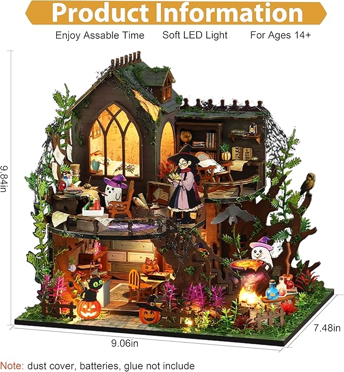 ISSEVE DIY Miniature House Kit, Tiny House Dollhouse Kit for Adults, Mini House Building Kits, Halloween Christmas Home Bookshelf Decoration, Gifts for Family and Friends (Magic Castle)