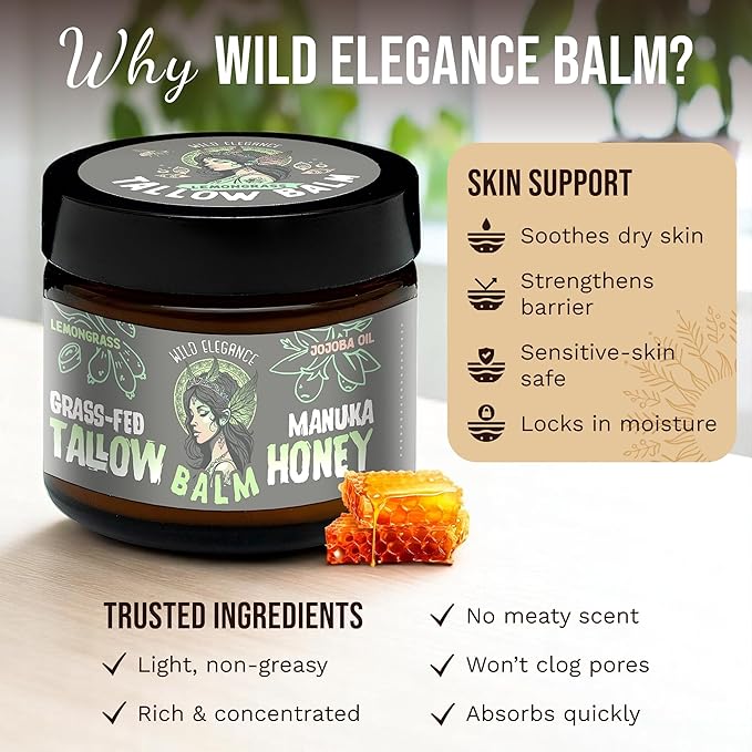 Grass-Fed Beef Tallow and Manuka Honey Balm, Eczema Face & Body Cream, Moisturizer for Dry Skin with Shea Butter, Almond & Jojoba Oil, Beeswax, Arrowroot, Vitamin E - Lemongrass - Made in Canada, 2 oz