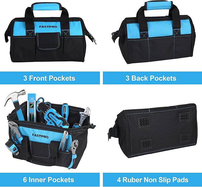 FASTPRO 232-Piece 20V Cordless Drill Driver & Home Tool Set, Home Repairing Tools Kit with Drill, 12-Inch Wide Mouth Open Storage Bag, Blue