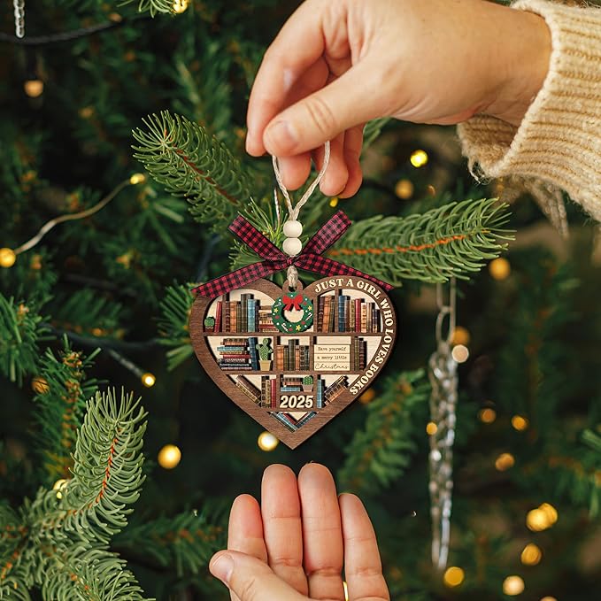 Just A Girl Who Loves Books Ornament 2025 - Heart Bookshelf Wooden Christmas Ornament for Readers, Librarians & Bookworms - Christmas Tree Decorations 2 Layer Wood Keepsake with Gift Box