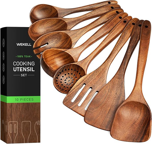 8-Piece Teakwood Utensil Set for Cooking, Natural Wooden Spoons & Spatulas for Non-Stick Cookware, Kitchen Gift Set for Christmas, Housewarming, Wedding
