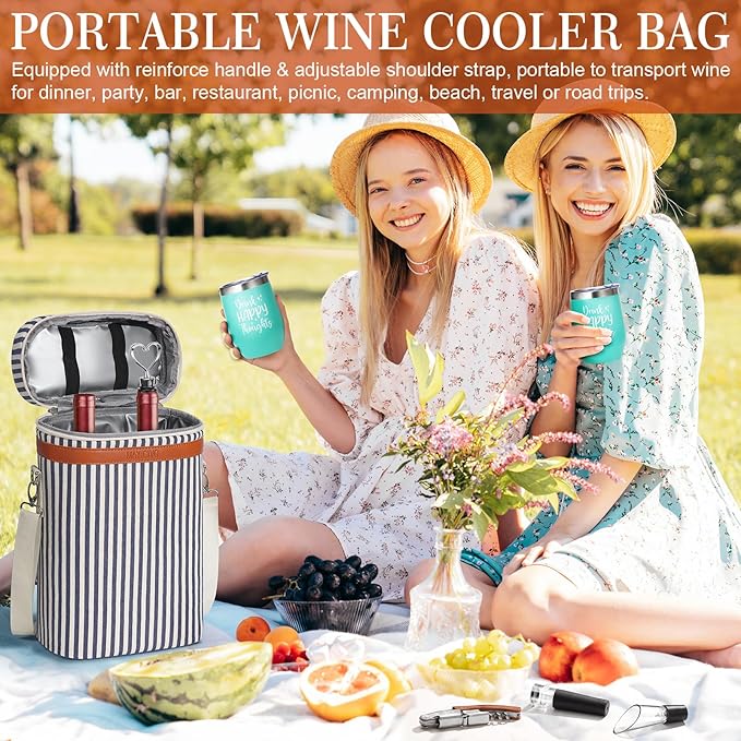 Birthday Christmas Gifts for Women Men - Wine Gift Baskets Christmas Gifts For Mom, Women, Friend, Wine Lovers, Self Care Package, Insulated Wines Tote Bag Carrier w/ Tumblers & Wines Accessories Set