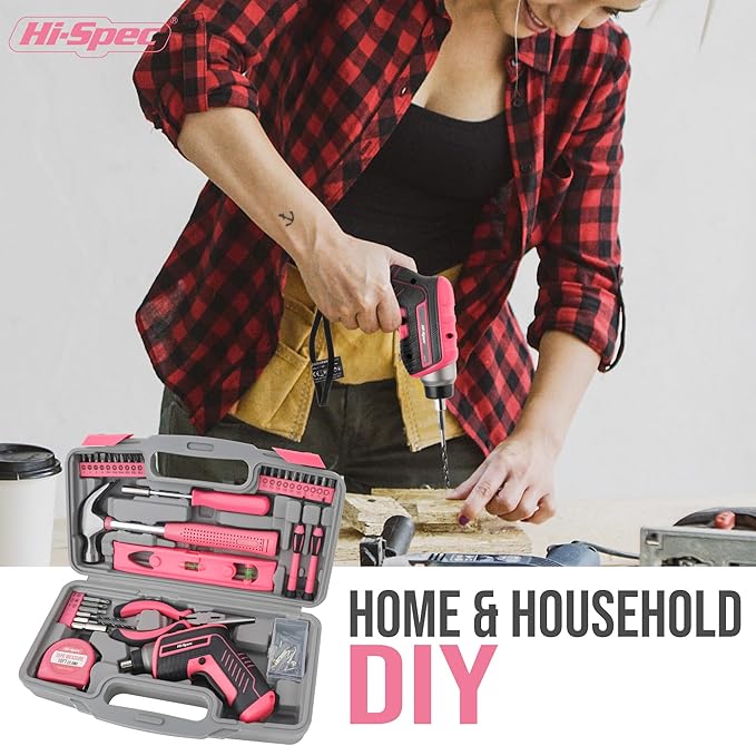 Hi-Spec 35pc Pink Tool Kit with 3.6V USB Electric Screwdriver and Drill Set. Complete Women Tool Set