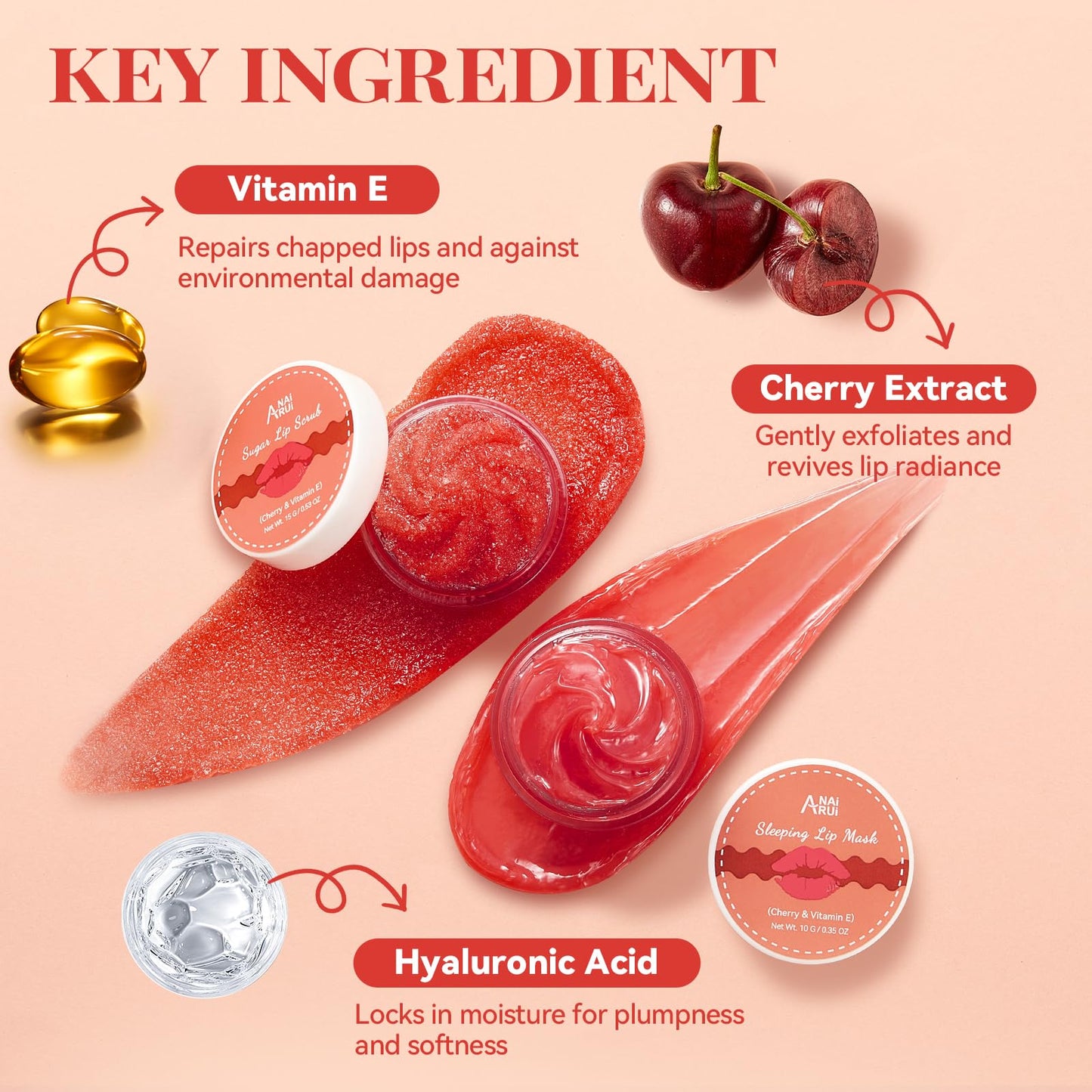 ANAI RUI Cherry Lip Scrub & Lip Mask Set with Vitamin E, Hyaluronic Acid & Shea Butter, Lip Scrubber Exfoliator, Hydrating Lip Mask Overnight, Sugar Scrub for Dry Chapped Lips, Lip Gift Set for Women
