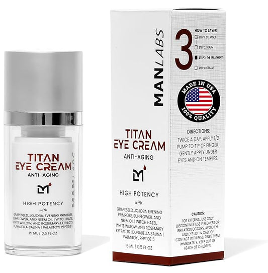 Titan Anti-Aging Mens Eye Cream - Dark Circles Under Eyes Treatment - Eye Bags Treatment for Men - Puffy Eyes Treatments for Men - Peptides, HA, Herbal Extracts - All Skin Types - Unscented