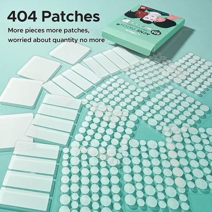 LitBear Large Pimple Patches, (5 Sizes 404 Counts) Big Acne Patches, Big Hydrocolloid Bandages for Body, Back, Face, and Chest, Zit Patches for Large Breakouts, Hydrocolloid Patch (XL Strip, Square)