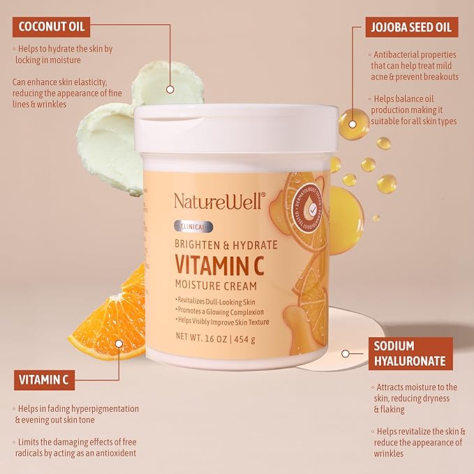 NATURE WELL Clinical Brighten & Hydrate Vitamin C Moisture Cream Skincare for Face, Body & Hands, Revitalizes Dull-Looking Skin, Promotes A Glowing Complexion, Helps Visibly Improve Skin Texture, 16oz