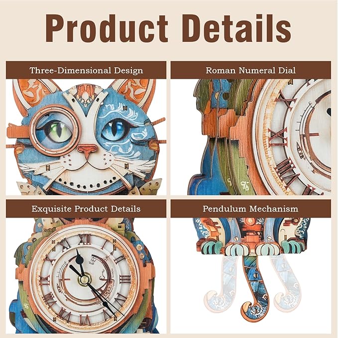 3D Wooden Puzzles for Adults Model Kit Detective Cat Clock, Mechanical Model Building Kits DIY Hobbies for Women Men, Vintage Wall Clock Puzzle Cat Lover Gifts for Adults Craft Gift Home Decor