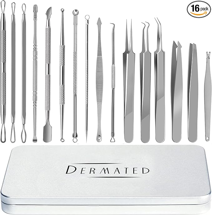 [16 Pcs] Blackhead Remover Tools 2025 Latest Pimple Popper Tool Kit | Stainless Steel Professional Pimple Extractor Tool Kit for Blackheads, Blemish, Comdone, Acne, Zit, and Whiteheads for Face & Nose