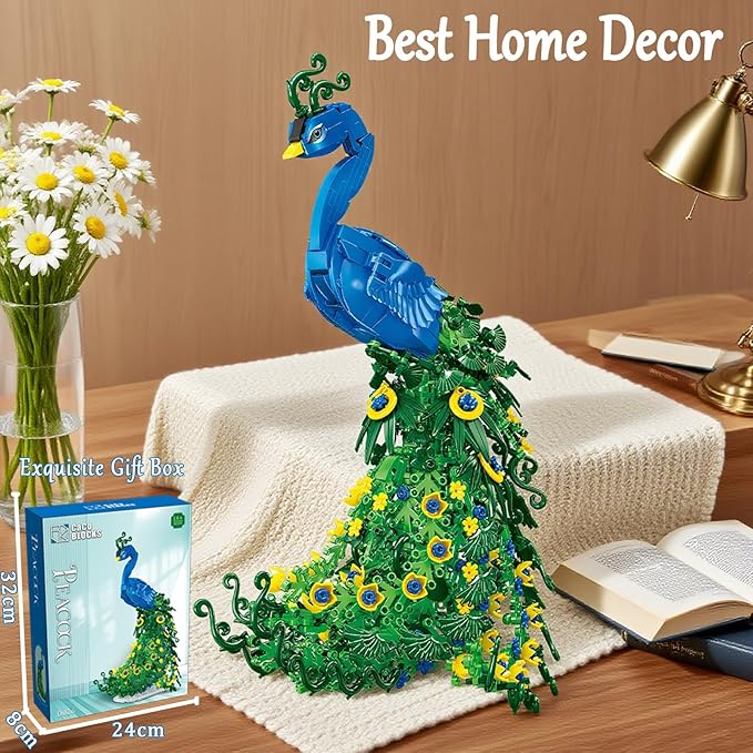Flowers Peacock Building Block Set, Beautiful Fly Animal Art Bird Peacock on Botanical Green Vivid Feather DIY Flowers Building Kit, Home Office Decor Ideal Christmas Toy Gift for Teen, Adult(807PCS)