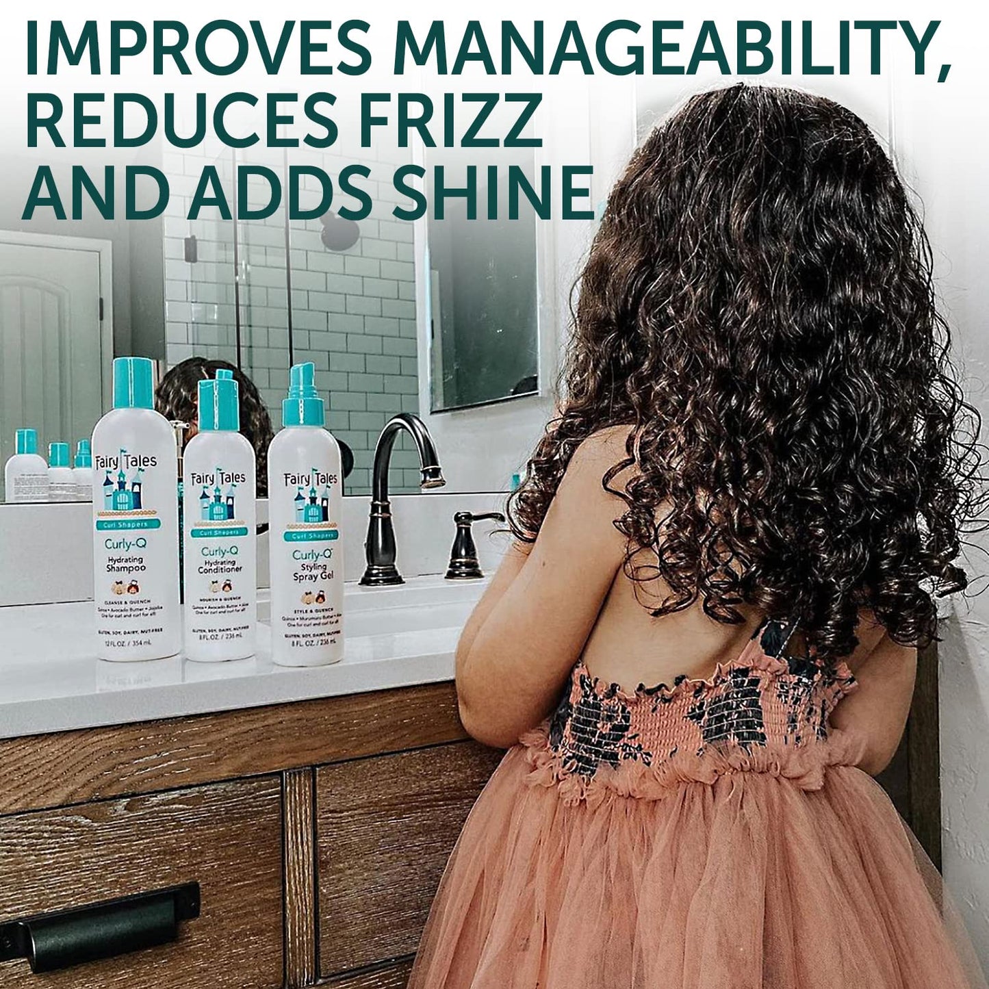 Fairy Tales Curly Q Daily Hydrating Shampoo, Conditioner, Spray for Normal, Damaged, Curly, Color Treated, All Hair - Hydrating Kids Travel Kit with Murumuru butter, Aloe, Rosemary - 3.3oz (Pack of 3)