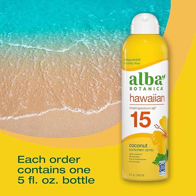 Alba Botanica Sunscreen Spray for Face and Body, Broad Spectrum SPF 15 Sunscreen, Hawaiian Coconut, Water Resistant and Biodegradable, 5 fl. oz. Bottle (Pack of 2)