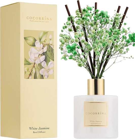 COCORRÍNA Reed Diffuser - White Jasmine 6.7 Fl.oz Reed Diffuser Set with Sticks & Preserved Baby's Breath, Reed Diffuser for Home Bathroom Shelf Decor
