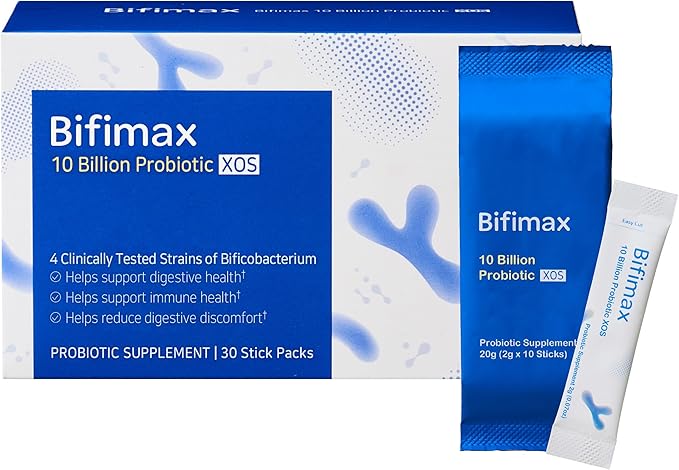 Bifimax 10 Billion Probiotic XOS - Premium Synbiotic Supplement with Human-Derived Bifidus Bacteria & XOS, Advanced Syn-B MAX Technology for Gut Health (2.1 oz, 30 Sticks)