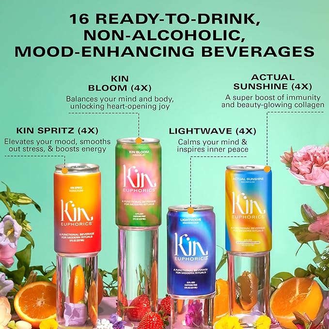 Kin Variety 16 Pack with 4 Spritz, 4 Lightwave, 4 Bloom, and 4 Actual Sunshine by Kin Euphorics, Non Alcoholic Spirits, Ready to Drink, Awaken The Mind, Calm Your Mood, and Conjure Clarity, 8 Fl Oz