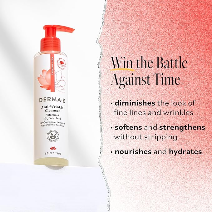 Derma E Anti-Wrinkle Cleanser – Anti-Aging Face Wash with Glycolic Acid and Vitamin A – Gentle Cleansing and Exfoliating Facial Wash Removes Makeup, Oil and Impurities, 6 oz