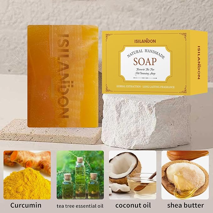 ISILANDON Turmeric and Tea Tree Oil Cleansing Soap Infused with Aloe, Bamboo Charcoal & Nourishing Oils