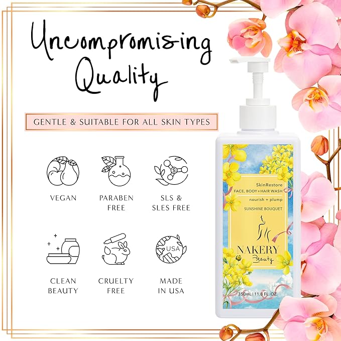 Nakery SkinRestore Hydrating Face & Body Wash with Hyaluronic Acid - Body Wash for Sensitive Skin - Foaming Face Wash & Oil Cleanser for Women 350ml - Sulfate Free & Cruelty Free - Sunshine Bouquet