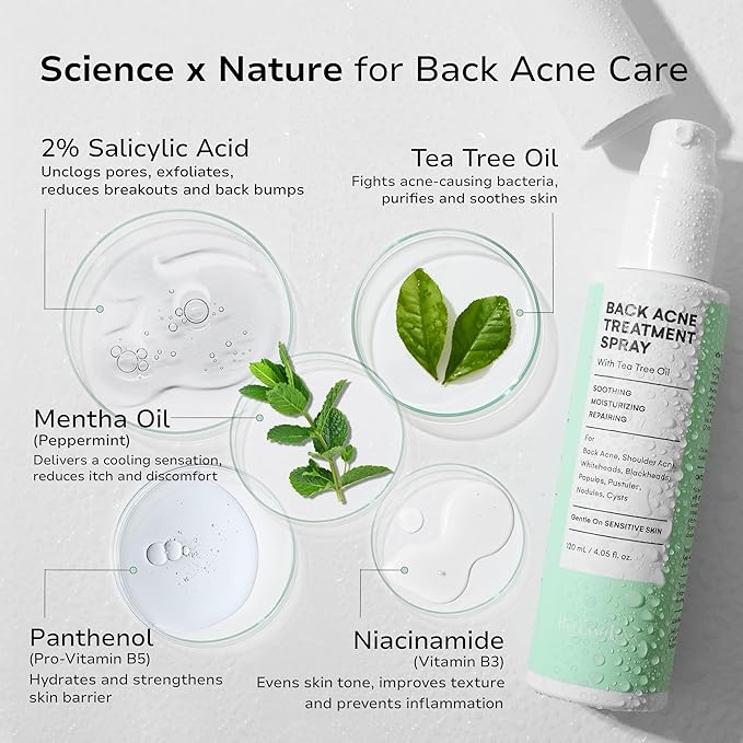 Body and Back Acne Treatment Spray: 2% Salicylic Acid & Tea Tree Oil Bacne Spray for Clear, Soothe & Moisturize - Effective for Men, Women, Teens with Back, Shoulder, Arm, and Chest Acne