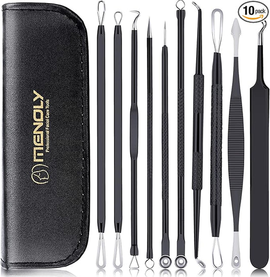 MENOLY Pimple Popper Tool Kit 10 Pcs Blackhead Remover Tool Zit Popper for Blemish, Pimple Comedone Extractor Acne Tool for Blackheads, Acnes, Whiteheads Nose Face Tools with Leather Bag