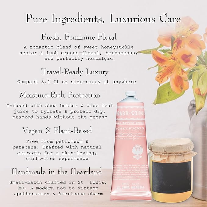 BARR-CO. Soap Shop Hand Cream Honeysuckle, Sweet Honeysuckle Nectar Aroma, Hand Cream for Dry & Cracked Hands, Shea Butter Cream, 3.4 fl oz