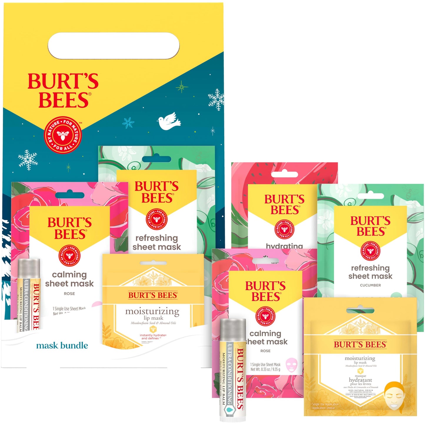 Burt’s Bees Mask Bundle Gift Set; , Ultra Conditioning Lip Balm and Moisturizing Lip, Refreshing Sheet and Calming Sheet Masks; Festive Packaging; 1 Gift Set