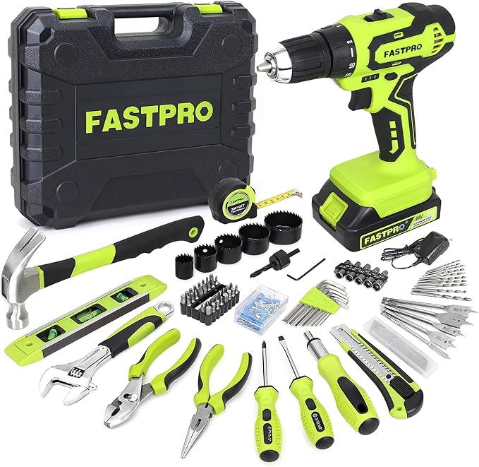 FASTPRO 177-Piece 20V Cordless Lithium-ion Drill Driver and Home Tool Set, Household Repairing Tool Kit with Drill in Storage Case, Green