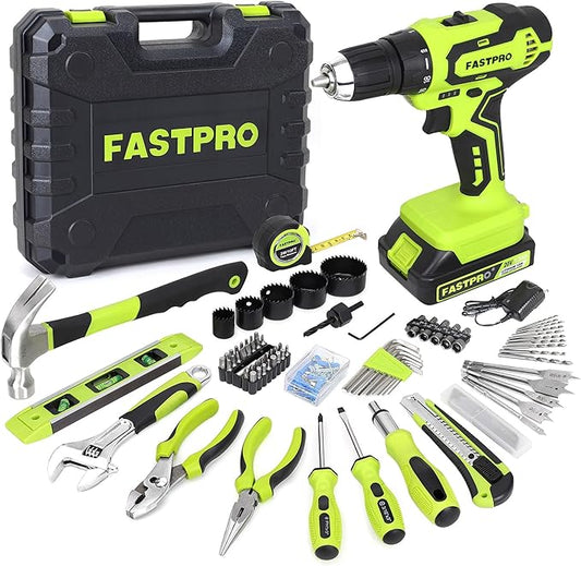 FASTPRO 177-Piece 20V Cordless Lithium-ion Drill Driver and Home Tool Set, Household Repairing Tool Kit with Drill in Storage Case, Green