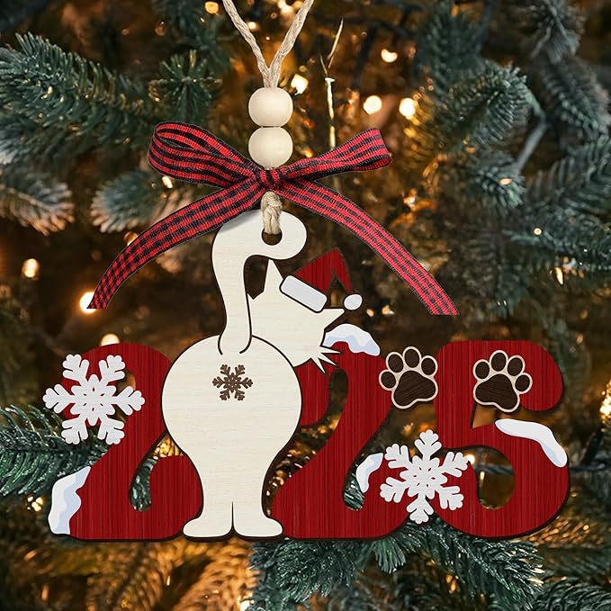 Cat Christmas Ornament 2025 - Funny Wooden Cat Ornament for Christmas Tree - Cute Holiday Decor & Cat Lover Gift - Unique Kitten Wood Keepsake with Gift Box