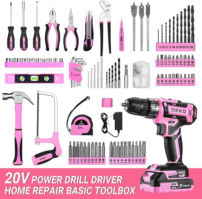DEKOPRO Pink Drill Tool Kit Set: 20V Cordless Power Drill Tool Box with Battery Electric Drill Driver for Men Home Hand Repair Basic Toolbox Tools Sets Drills Case, DKMT186-GP