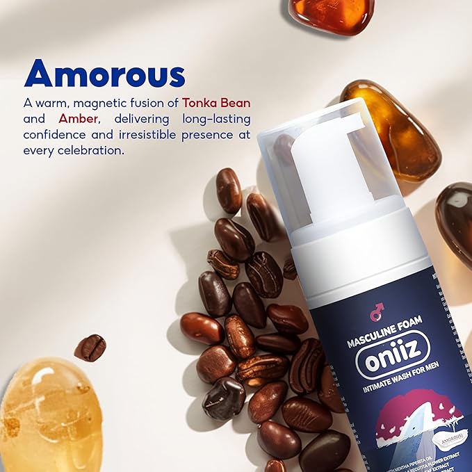 Masculine Foam Amorous | 3-Barrier Intimate Protection | Gentle Intimate Wash for Men | pH Balanced | Natural Ingredients | Warm & Attractive Fragrance | Removes Sweat, Bad Odor 3.38 fl. oz