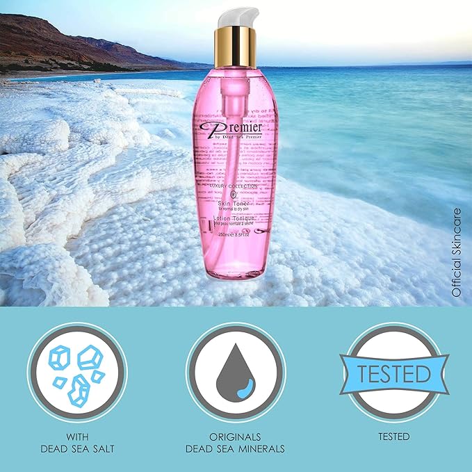 Premier Dead Sea Skin Toner Normal To Oily Skin, pH 5.5 balancing, alcoholic cleanser that is mild and gentle to skin, with natural ingredients of witch hazel and minerals 8.5fl.oz