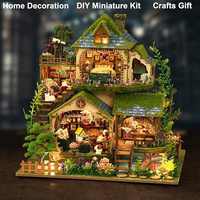 ISSEVE DIY Miniature House Kit, Tiny House Dollhouse Kit for Adults, Mini House Building Kits, Halloween Christmas Home Bookshelf Decoration, Gifts for Family and Friends (Forest Adventure)