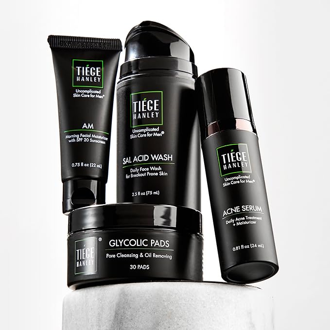 Tiege Hanley Men's Acne Treatment System (Level 2) - TiegeClear Advanced Routine for Smooth Skin - Includes Sal Acid Wash, Glycolic Acid Pads, and Serum - All Skin Types