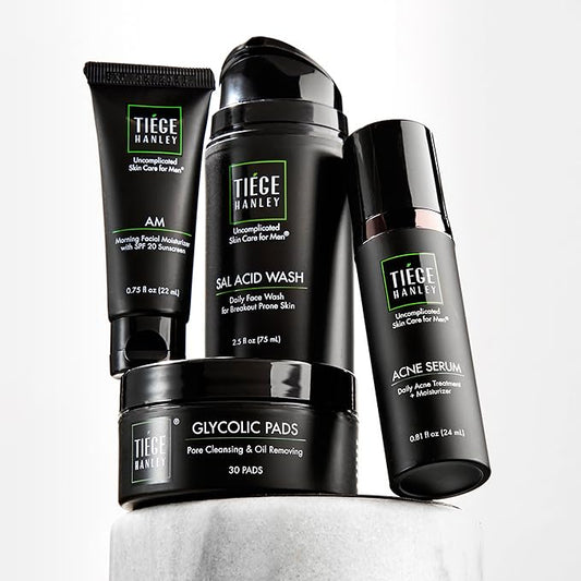 Tiege Hanley Men's Acne Treatment System (Level 2) - TiegeClear Advanced Routine for Smooth Skin - Includes Sal Acid Wash, Glycolic Acid Pads, and Serum - All Skin Types