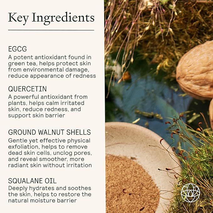 EQ Exfoliating Cleanser | Plant-Based EGCG & Quercetin for Redness, Blemishes & Hydration | Gentle Face & Body Scrub with Squalane Oil & Finely Ground Walnut Shells | Fragrance-Free | 4.05 fl oz