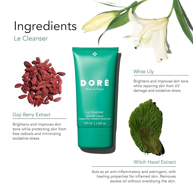 Doré - Le Cleanser Gel to Milk Daily Face Cleanser | Gentle Hydrating Cleaner for Dry & Sensitive Skin | Makeup Remover for Women & Men for Face (5 fl oz | 150 ml)