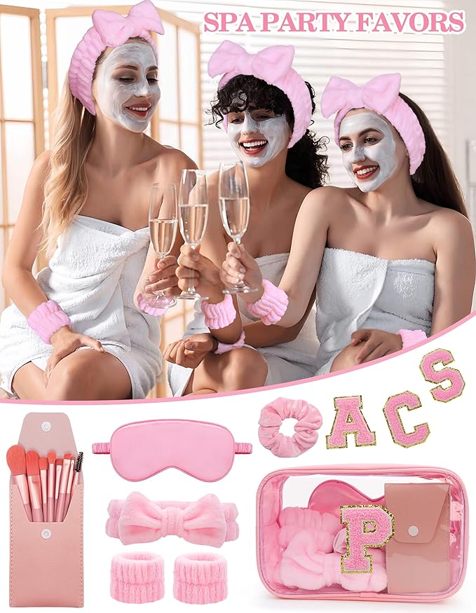 Gift Sets for Women, Initial Makeup Bag with Makeup Brush Set Bachelorette Party Favors, Pink Spa Kit with Skincare Headbands Wrist Bands Sleepover Party Supplies Gifts for Teen Girls Bridesmaid P