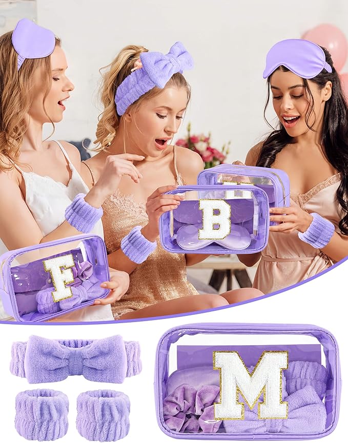 Gift Sets for Women, Initial Makeup Bag with Makeup Brush Set Bachelorette Party Favors, Purple Spa Kit with Skincare Headbands Wrist Bands Sleepover Party Supplies Gifts for Teen Girls Bridesmaid M