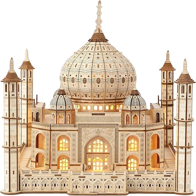 3D Wooden Puzzles for Adults 388pcs LED Light Taj Mahal Castle DIY Wooden Assembly Kit for Teens Home Decor