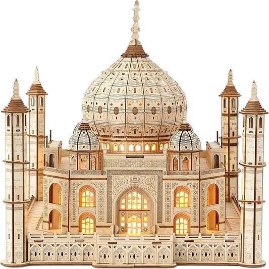 3D Wooden Puzzles for Adults 388pcs LED Light Taj Mahal Castle DIY Wooden Assembly Kit for Teens Home Decor