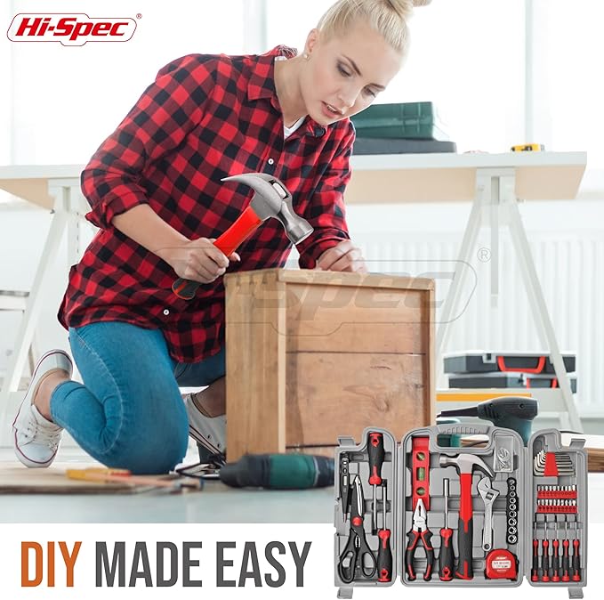 Hi-Spec 54pc Red Household Tool Kit – Essential DIY Hand Tool Set with Toolbox for Home, Garage, Office, Basic Repairs, First Apartment, New Home & Everyday Home Improvement