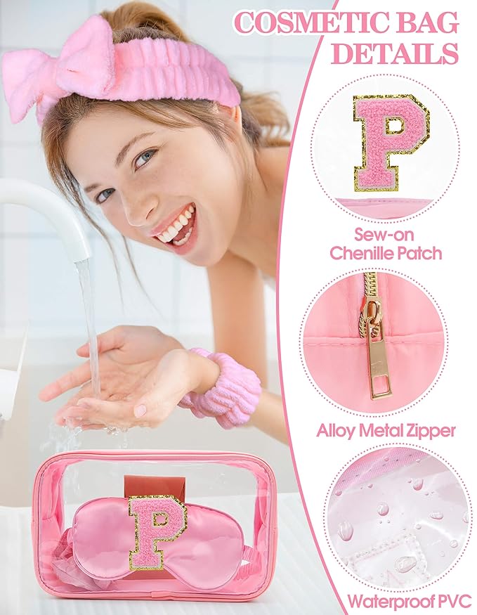Gift Sets for Women, Initial Makeup Bag with Makeup Brush Set Bachelorette Party Favors, Pink Spa Kit with Skincare Headbands Wrist Bands Sleepover Party Supplies Gifts for Teen Girls Bridesmaid P