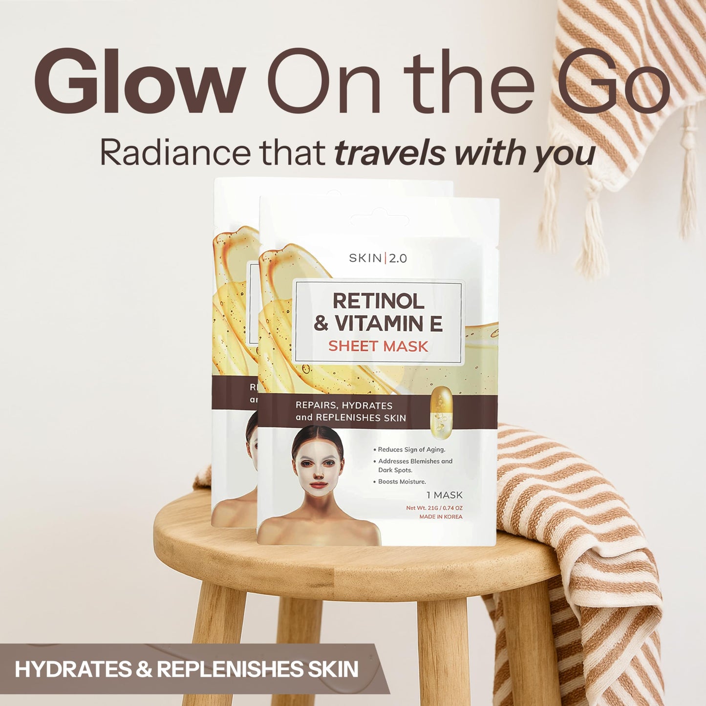 Skin 2.0 Retinol & Vitamin E Sheet Mask - Anti-Aging, Acne Scar & Hyperpigmentation - Hydrating, Dermatologist Tested Korean Skincare - Clean Beauty, Cruelty-Free, All Skin Types - 5 Masks