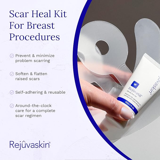 Rejuvaskin Scar Heal Kit for Breast Scars, Soften, Flatten, Reduce and Recover, Silicone Sheeting, RejuvaSil Gel & Medical Tape, Breast Anchor Pair