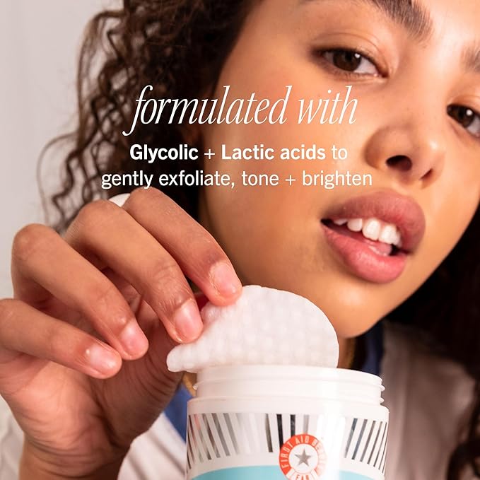 First Aid Beauty - Facial Radiance Pads with Glycolic & Lactic Acids, Daily Exfoliating Pads with AHA that Help Tone & Brighten Skin, Makeup Prep Pads, Compostable for Daily Use, 60 Pads, 2ct