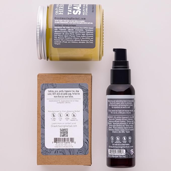 Ora's Amazing Herbal All The Tattoo Aftercare Set, Tattoo Salve, Oil & Soap, Natural Tattoo Aftercare Set, Balm, Moisturizer, Made in the USA